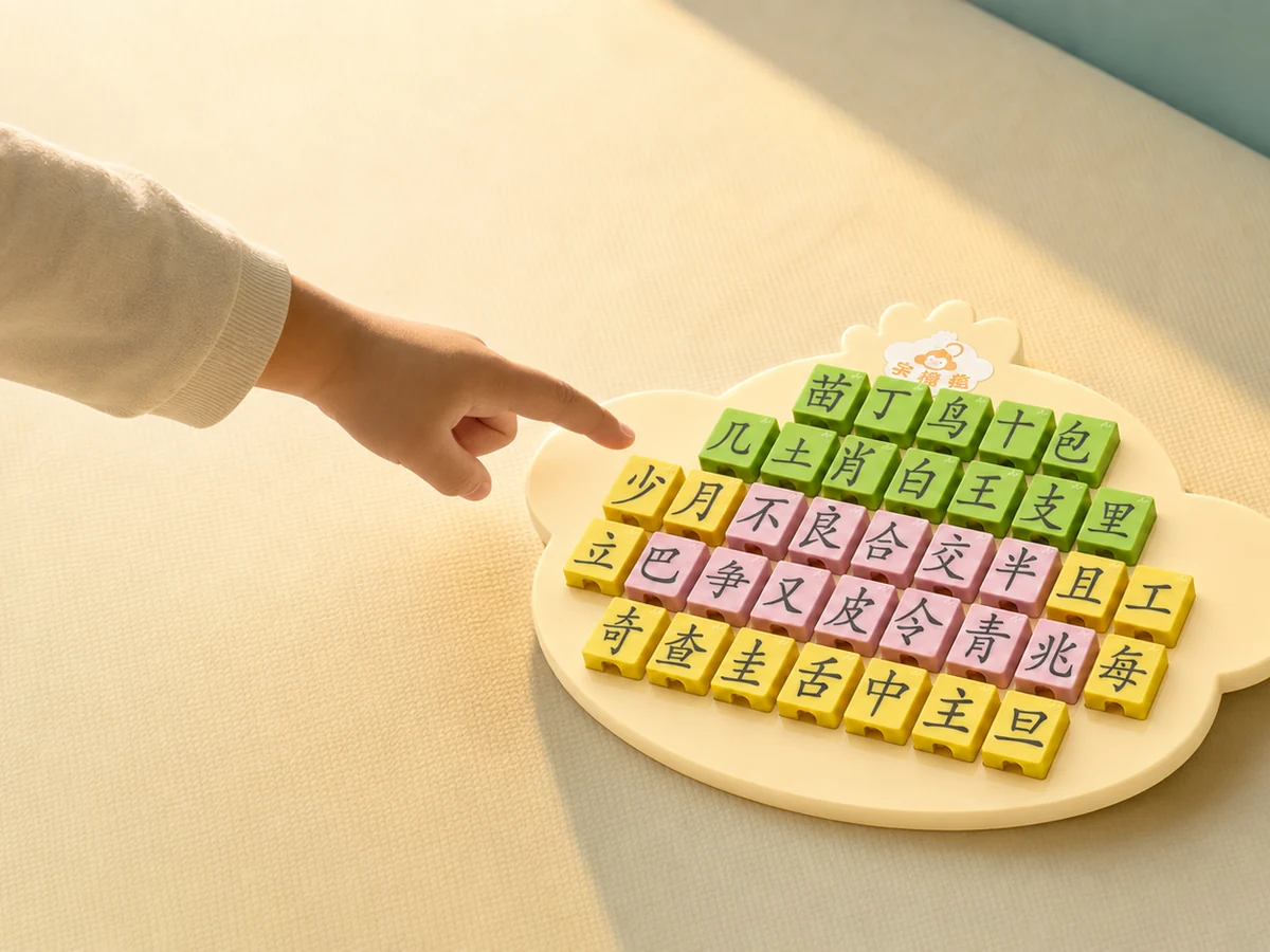 孩子在家中用字块进行汉字游戏